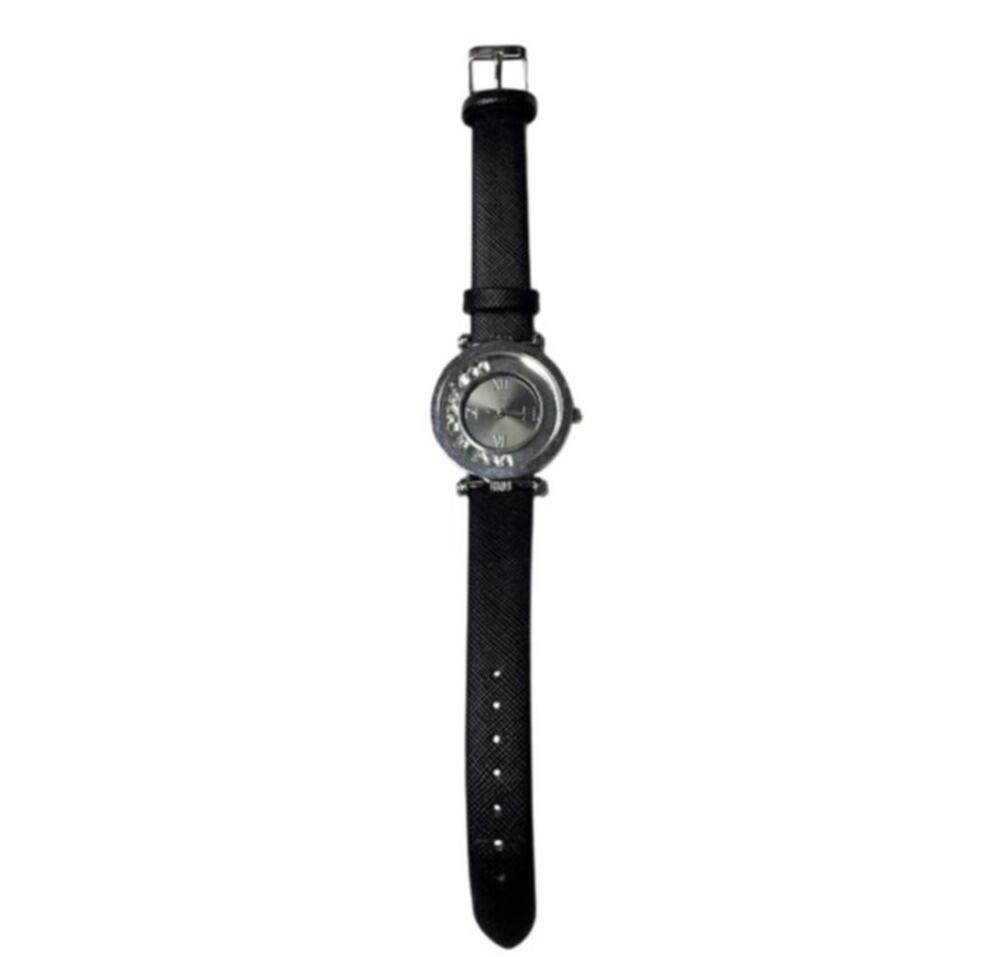 Womans Wristwatch Silver Black Leather Watch Quartz‎ Stainless Steel Rhinestone